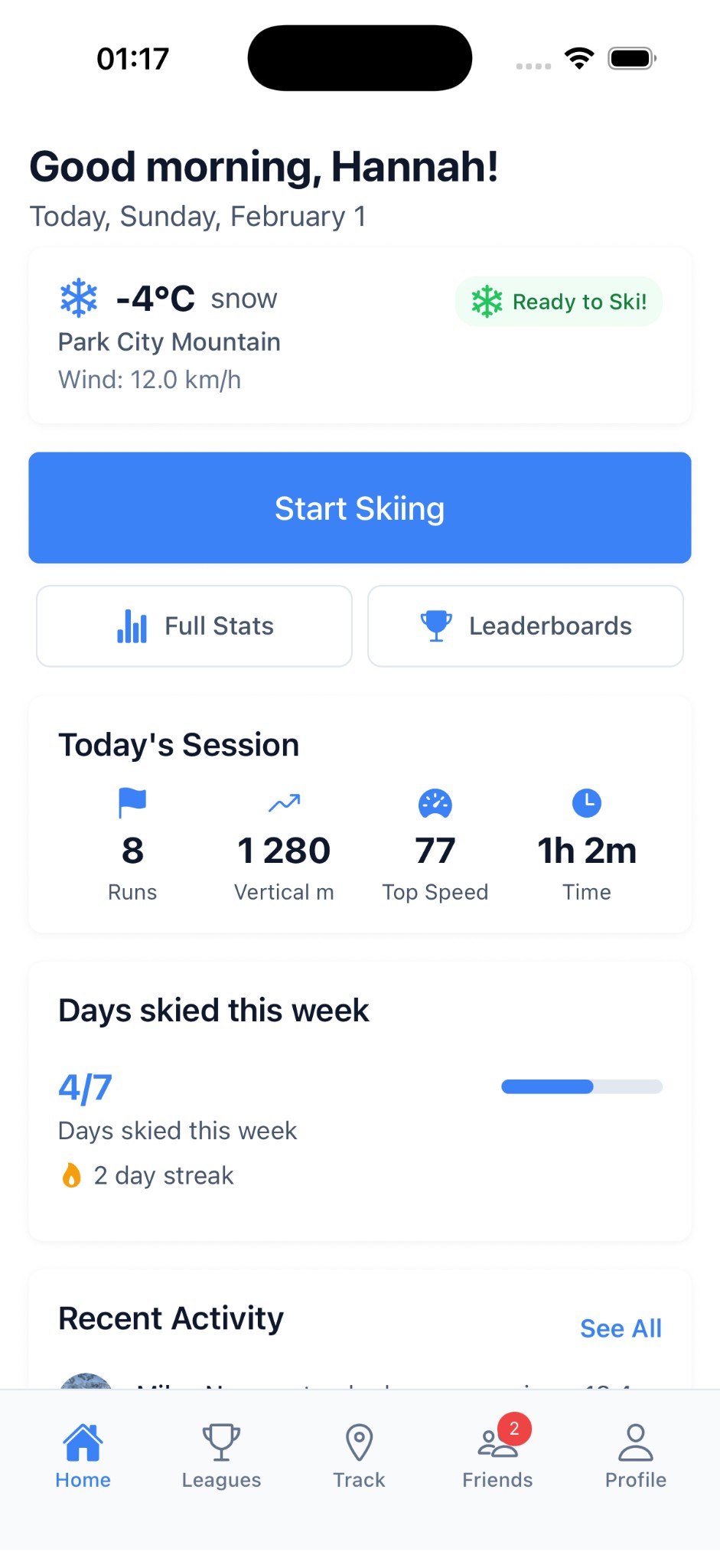 Home screen showing Start Your Ski Session