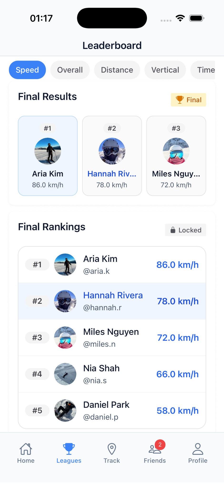 League screen showing Compete in Ski Leagues